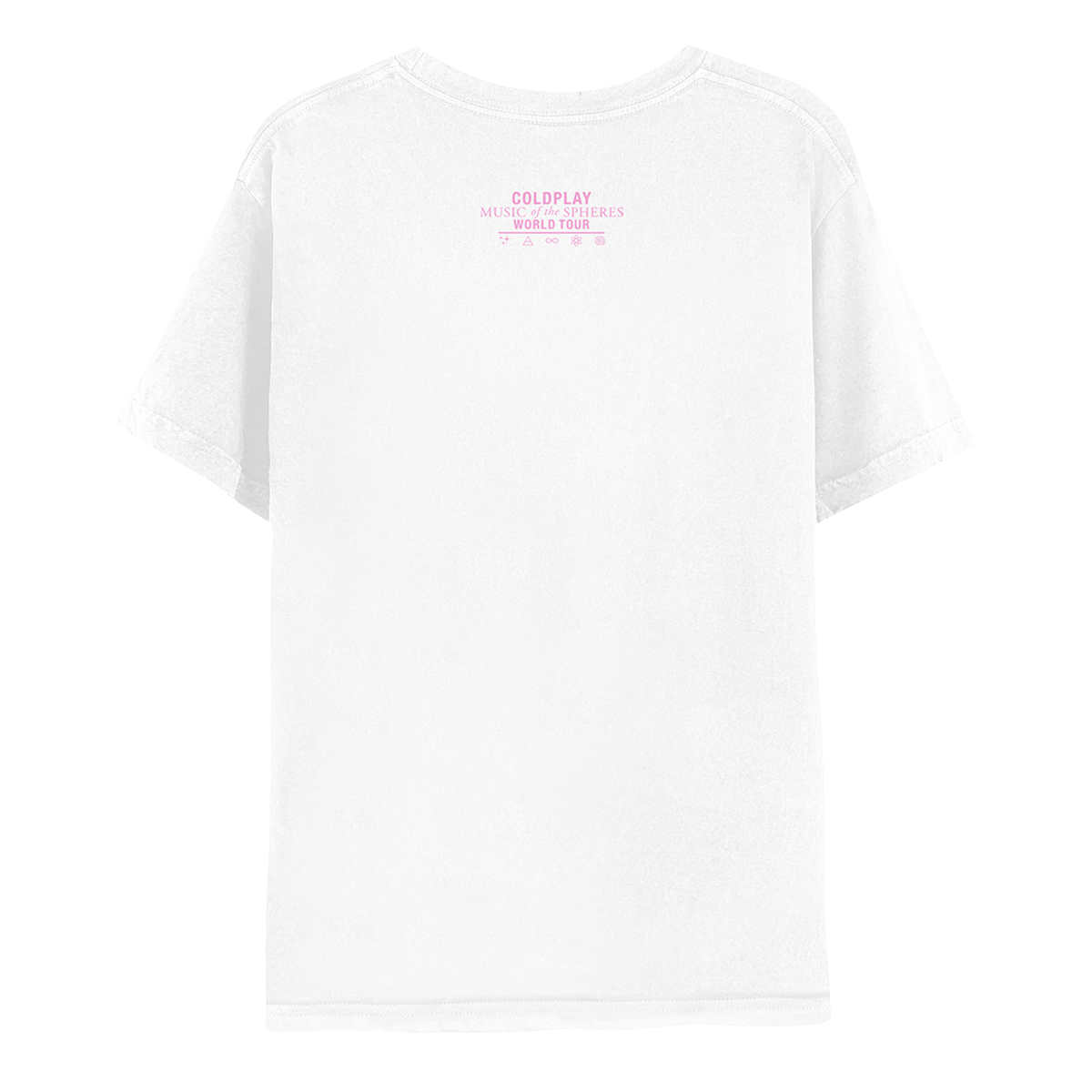 Back: COLDPLAY MUSIC of the SPHERES WORLD TOUR and symbols in rose pink: sparkles like 3 tiny stars, a triangle with a horizontal line through it, means air in alchemy, an infinity sign, an atom with 3 elliptical orbits and electrons revolving around a nucleus, and a spiral as a cyclone.