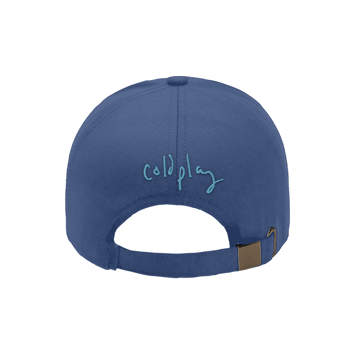 Back: COLDPLAY is embroidered in light blue thread on a soft grey-blue baseball cap, in Chris’s casual, flowing script.
