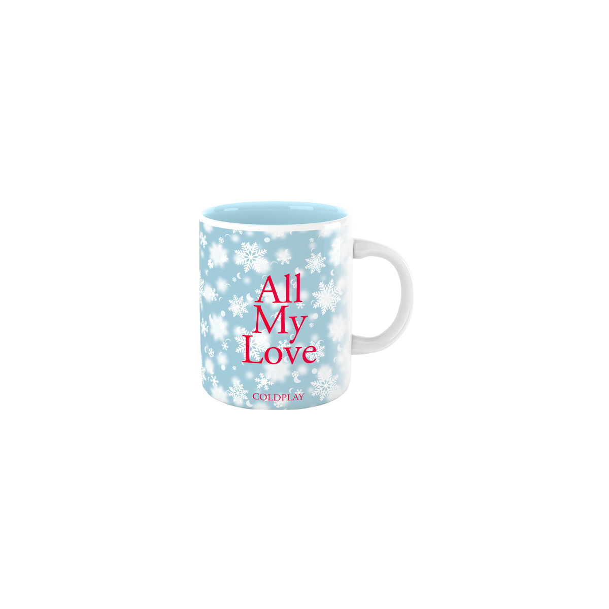 View from the all my love side. The words All My Love are prominently displayed in bold red letters in the center of the mug. The phrase stands out beautifully on the light blue background. Below, Coldplay is written in smaller font in red. White snowflakes and crescent moons are scattered all over the mug’s surface.