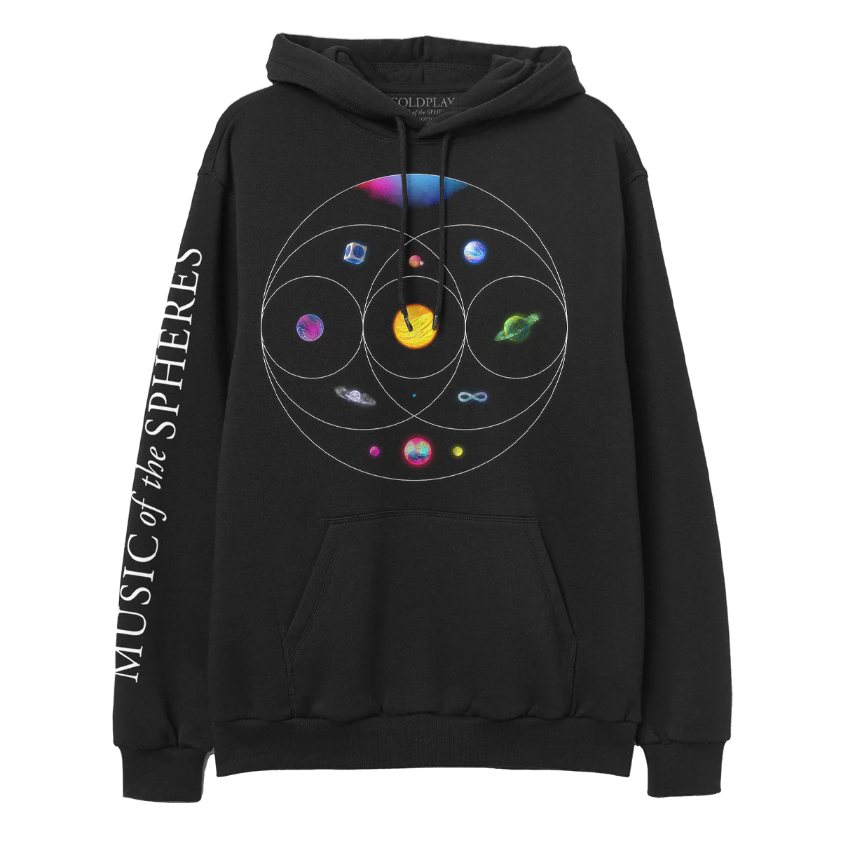 Front: COLDPLAY in neon colors on the chest; 11 planets sit inside eccentric circles which overlap like a Venn diagram below. A pink & blue nebula. A blue planet in a silver cube. Pink planet with orange crater & green moon. One where light blue, orange & pink streaks flow as water, a yellow and orange sun-like planet, one of magenta & dark blue waves, a green planet with a ring made of foliage, an opalescent sphere with large ring, a purple, green & blue infinity sign, and a pink, blue & green planet