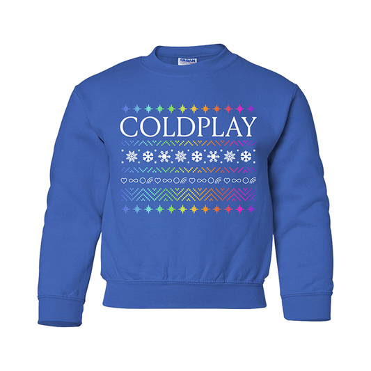 BlueCrewneckSweatshirt:ColdplayPrintedOnChestInWhite:OnTheTopIs aRowOfStarsInAllColorsOfThe🌈Blue,Green,Yellow,Orange,Red,Pink&Purple. BeneathColdplayIs aZigzagPatternOfConnected V-shapePeaks,SomeGoUp,SomeGoDown; DotsFormBlue, green, yellow,Orange,Red,Pink&purpleTriangles; aRowOfWhiteSnowflakesIsOn aPatchOfTinyCrossStitches, InMatchingColors;Dotted V shapeTrianglesRepeat, FollowedByWhiteInfinitySigns,WavyLines&whiteOutlinedHearts. TheDotted V shapesThickenToDoubleSize,Above aFinalRainbowStarsBorder