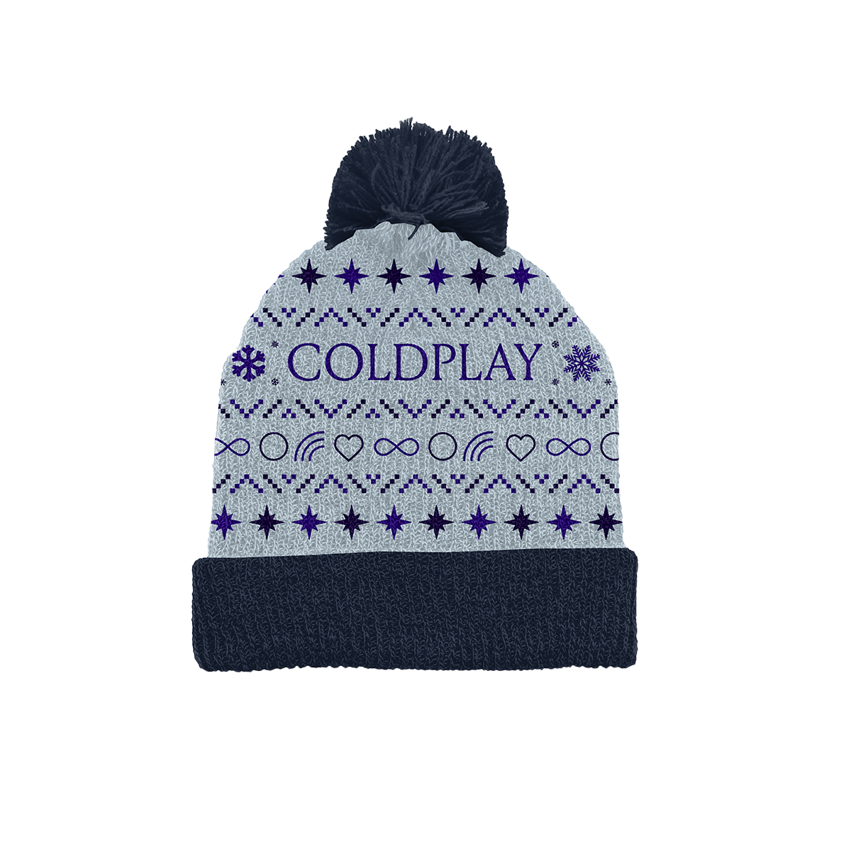 Festive light grey winter beanie, with a fluffy navy blue pom-pom. The word COLDPLAY is prominently displayed in purple letters on the front, surrounded by stars&snowflakes. With infinity symbols, heart outlines,&rainbows in between, all in dark blues&purples. The purple stars form symmetrical rows that repeat throughout. The hat is knitted, and looks very cozy. Its foldOver brim is navy blue, matching the color of the pom-pom, that highlights the fun spirit of the festive season