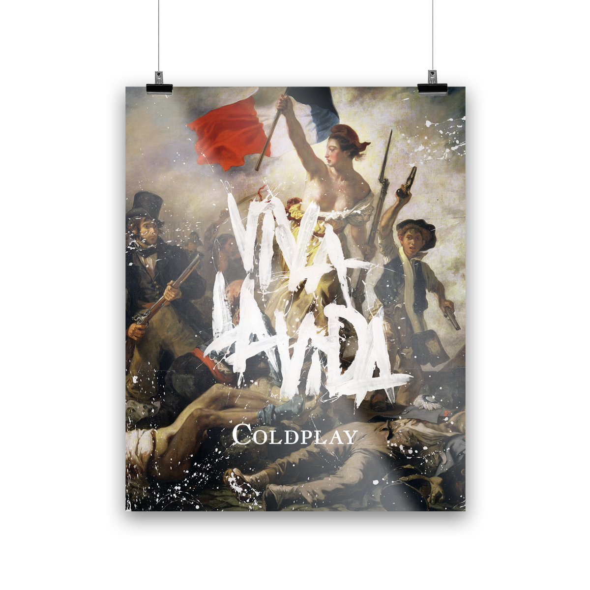 A confident woman personifying liberty leads a crowd of revolutionaries, holding a French flag and a musket. Lifeless people lie on the floor. VIVA LA VIDA is splashed in white on the painting, in thick, expressive, spontaneous brushstrokes, with splatters and drips around the edges, as if the artist is expressing emotion or making a statement with each stroke, not focused on perfection or detail. COLDPLAY is written in clean, white font