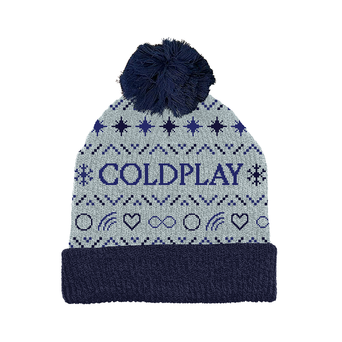 Festive light grey winter beanie, with a fluffy navy blue pom-pom. The word COLDPLAY is prominently displayed in purple letters on the front, surrounded by stars&snowflakes. With infinity symbols, heart outlines,&rainbows in between, all in dark blues&blacks. The black stars form symmetrical rows that repeat throughout. The hat is knitted, and looks very cozy. Its foldOver brim is navy blue, matching the color of the pom-pom, that highlights the fun spirit of the festive season