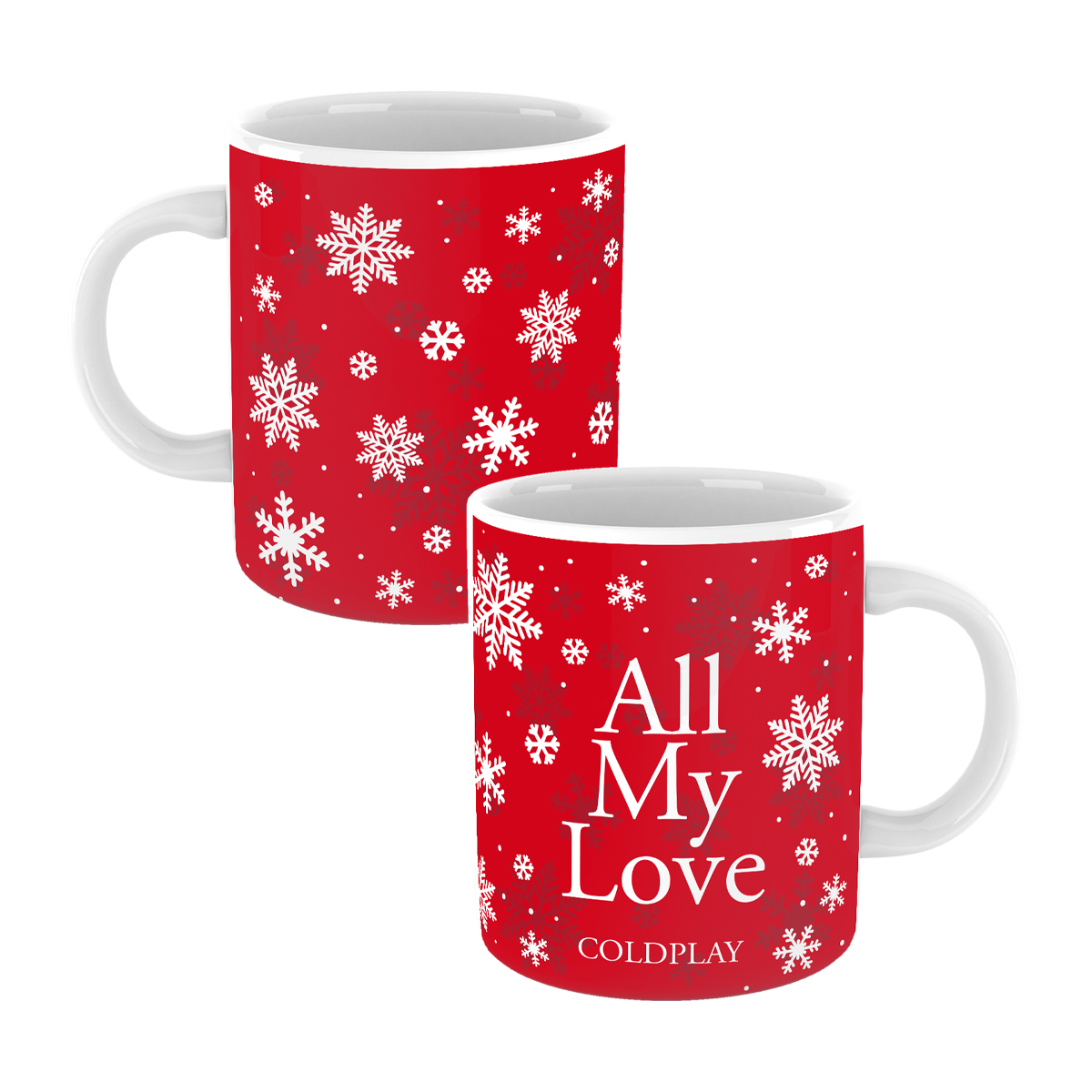 This photo shows the2sides of the joy-inspiring ceramic mug. ItsDesign bursts with holiday cheer. The front side reads All My Love&COLDPLAY, in large white letters. Both the front&the back feature lots of delicate white&burgundy snowflakes, In different shapes&sizes, scattered across its red exterior. They seem to gently float across the surface, creating a sense of movement&winter magic. Tiny white dots, resembling falling snow, are sprinkled in between. The inside&the handle of the mug are white