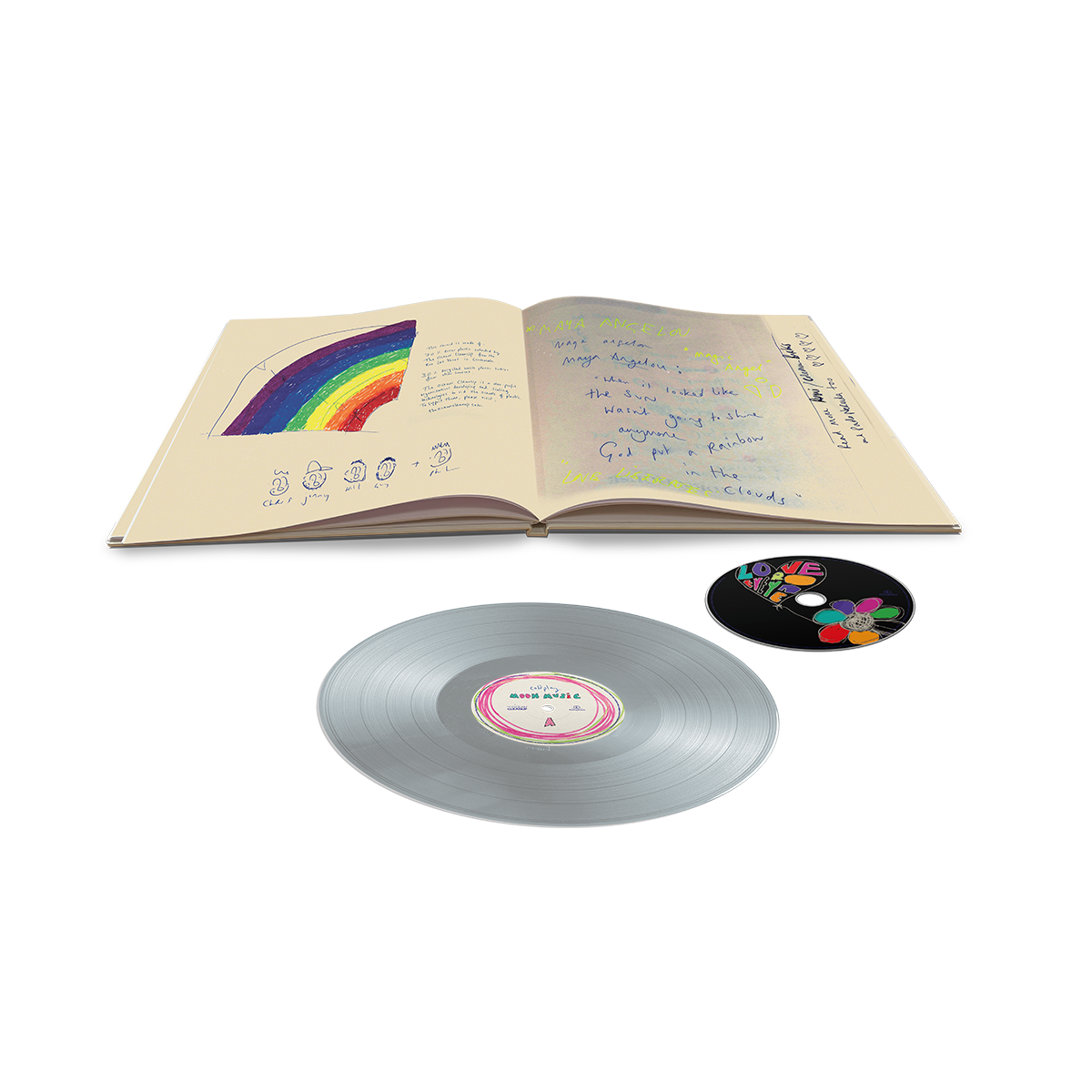 Moon Music vinyl&notebook, with playful cartoon faces of Chris, Will, Jonny, Guy and Phil underneath the drawing of a🌈on a cream-colored page. Jonny wears a cap. The words the sun is going to shine, God put a rainbow in the clouds, good feelings and Maya Angelou in green are visible. Pages are adorned with hearts.